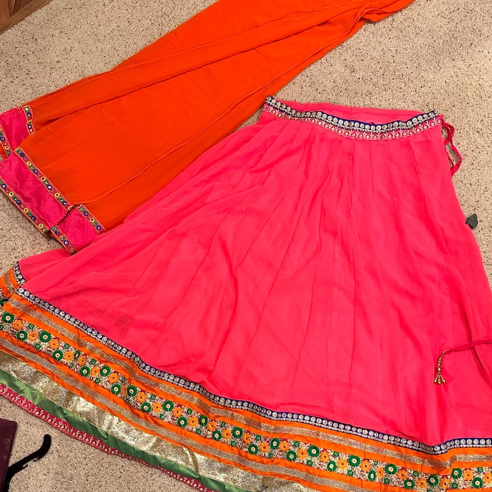 Lehenga/Chiffon - chaniya/garba skirt Vibrant Pink and Orange Women's Skirt